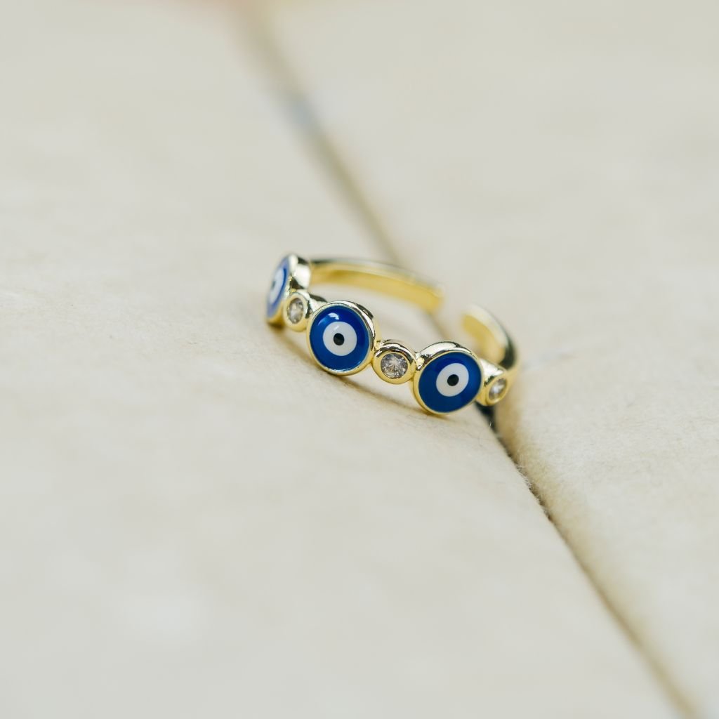 Adjustable Blue White Slim Beaded Stackable Protection Evil Eye Ring The Colourful Aura