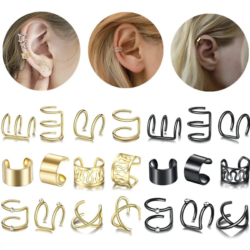 12 and 6 Piece Black Adjustable Wire No Piercing Everyday Cartilage Ear Cuff The Colourful Aura