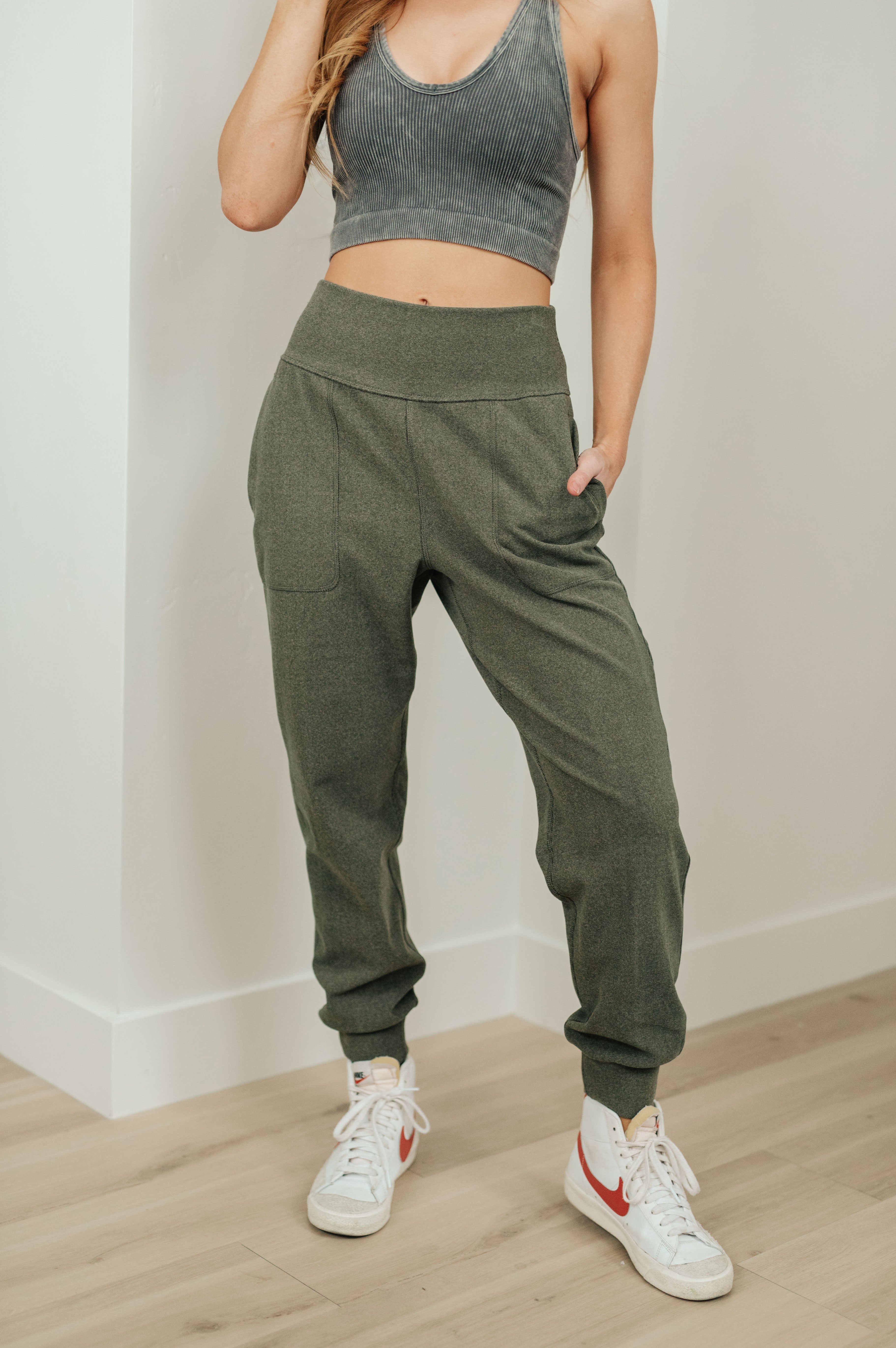 Where Are You High Rise Joggers in Olive Ave Shops