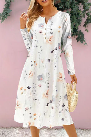 Floral Notched Long Sleeve Midi Dress Trendsi