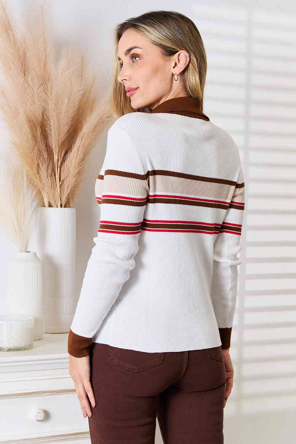 Basic Bae Striped Collared Neck Rib-Knit Top Trendsi