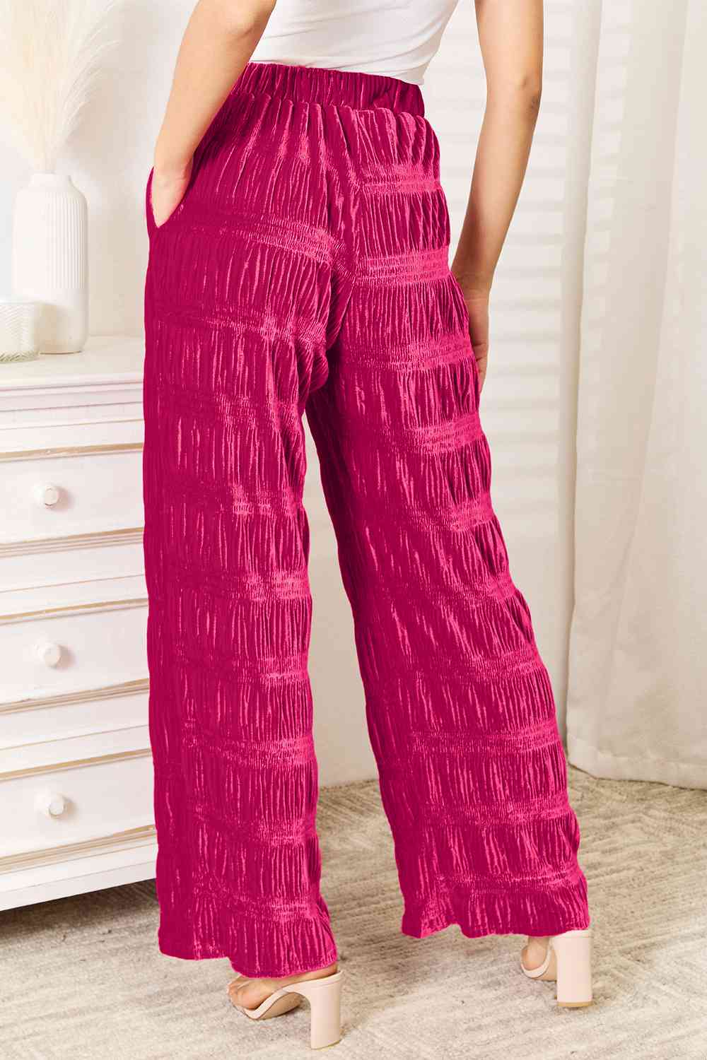 Double Take Full Size High Waist Tiered Shirring Velvet Wide Leg Pants Trendsi