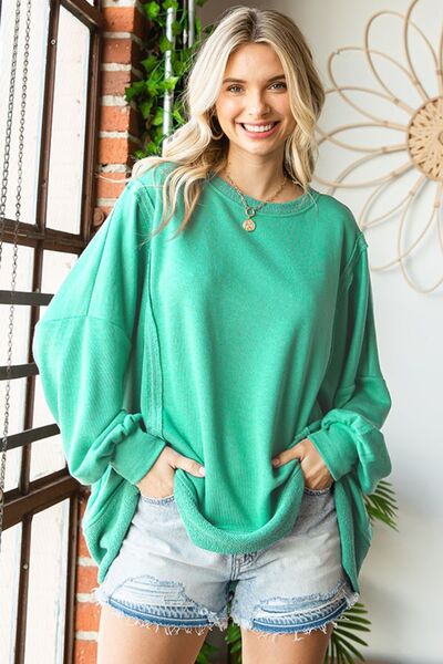First Love Exposed Seam Round Neck Dropped Shoulder Blouse Trendsi