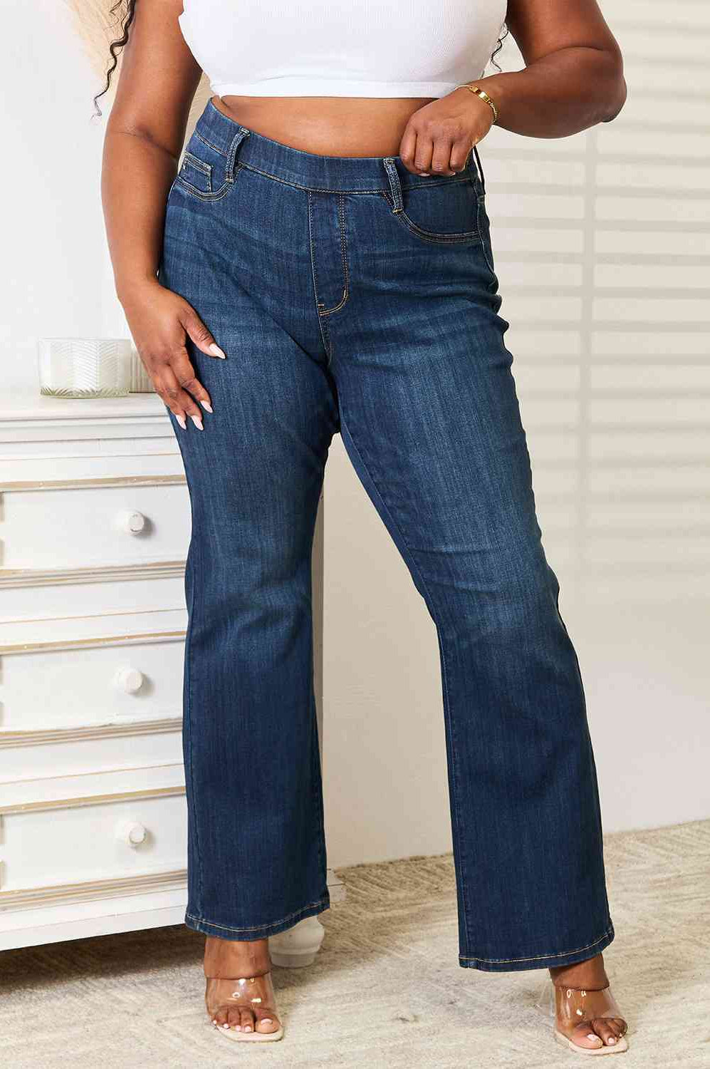 Judy Blue Full Size Elastic Waistband Slim Bootcut Jeans Trendsi