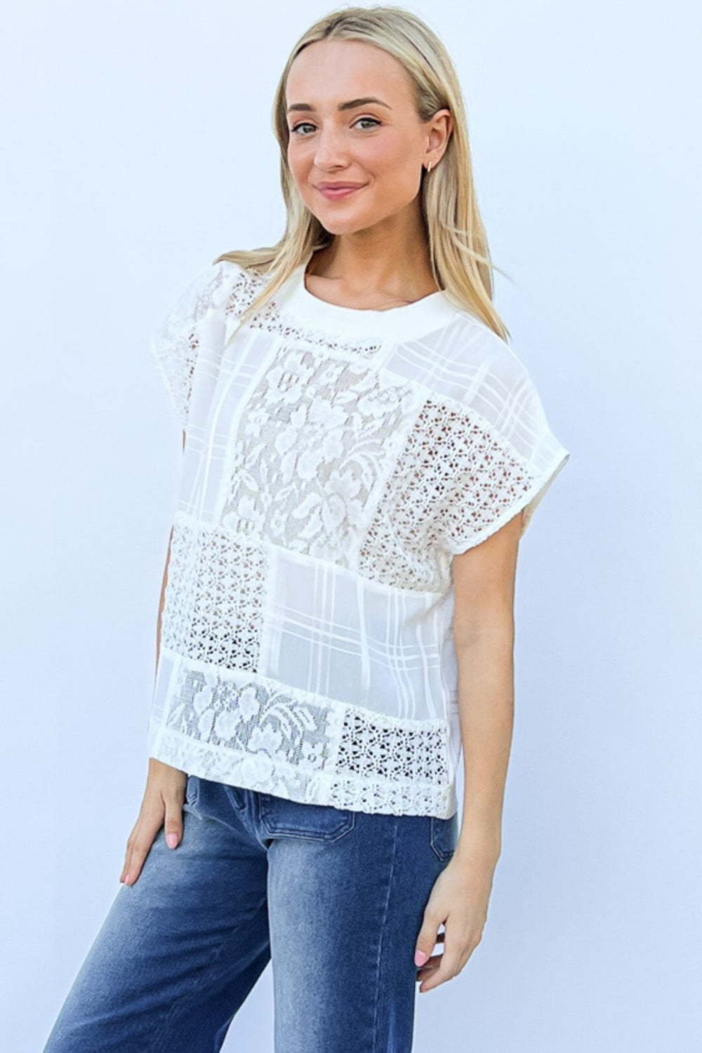 And The Why Lace Patchwork Short Sleeve Top and Cami Set Trendsi
