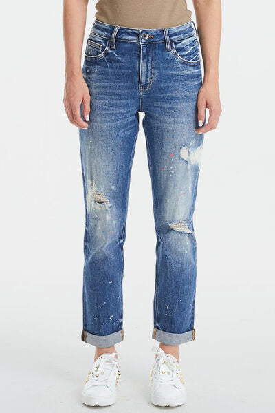 BAYEAS Full Size High Waist Distressed Paint Splatter Pattern Jeans Trendsi