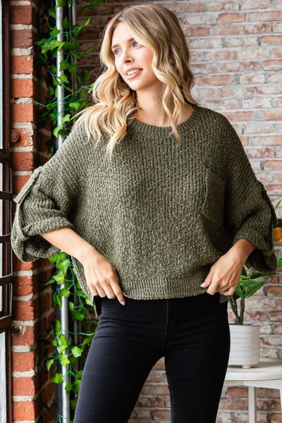 Veveret Round Neck Roll-Up Sweater Trendsi