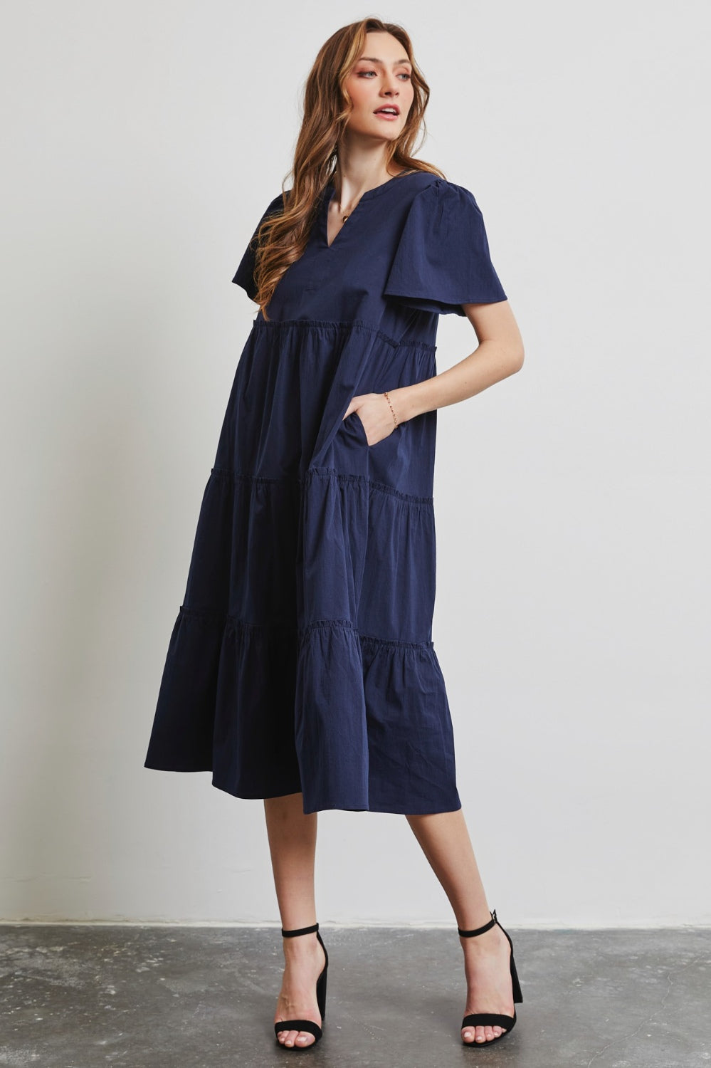 HEYSON Full Size Cotton Poplin Ruffled Tiered Midi Dress Trendsi