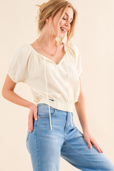 And The Why Cotton Gauze Back Waist Tie Cropped Blouse Trendsi