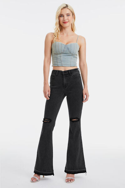 BAYEAS Full Size High Waist Distressed Raw Hem Flare Jeans Trendsi