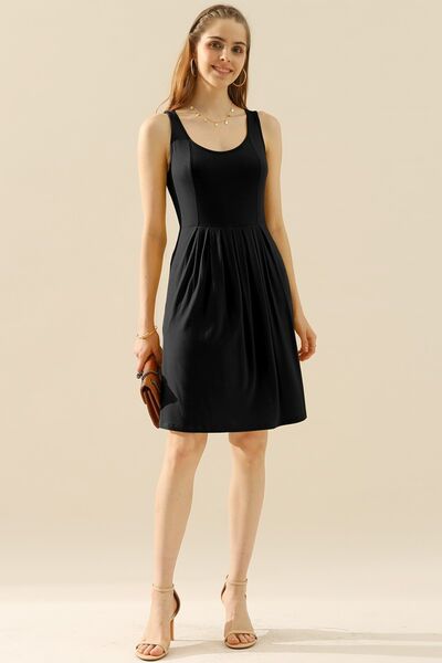 Doublju Full Size Round Neck Ruched Sleeveless Dress with Pockets Trendsi
