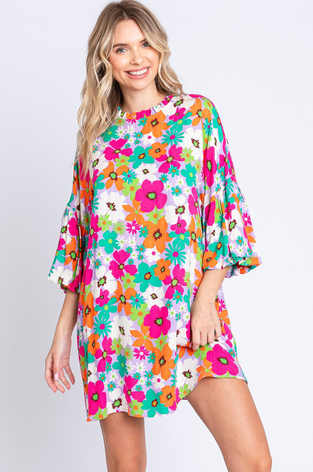 GeeGee Full Size Floral Round Neck Lantern Sleeve Mini Dress Trendsi