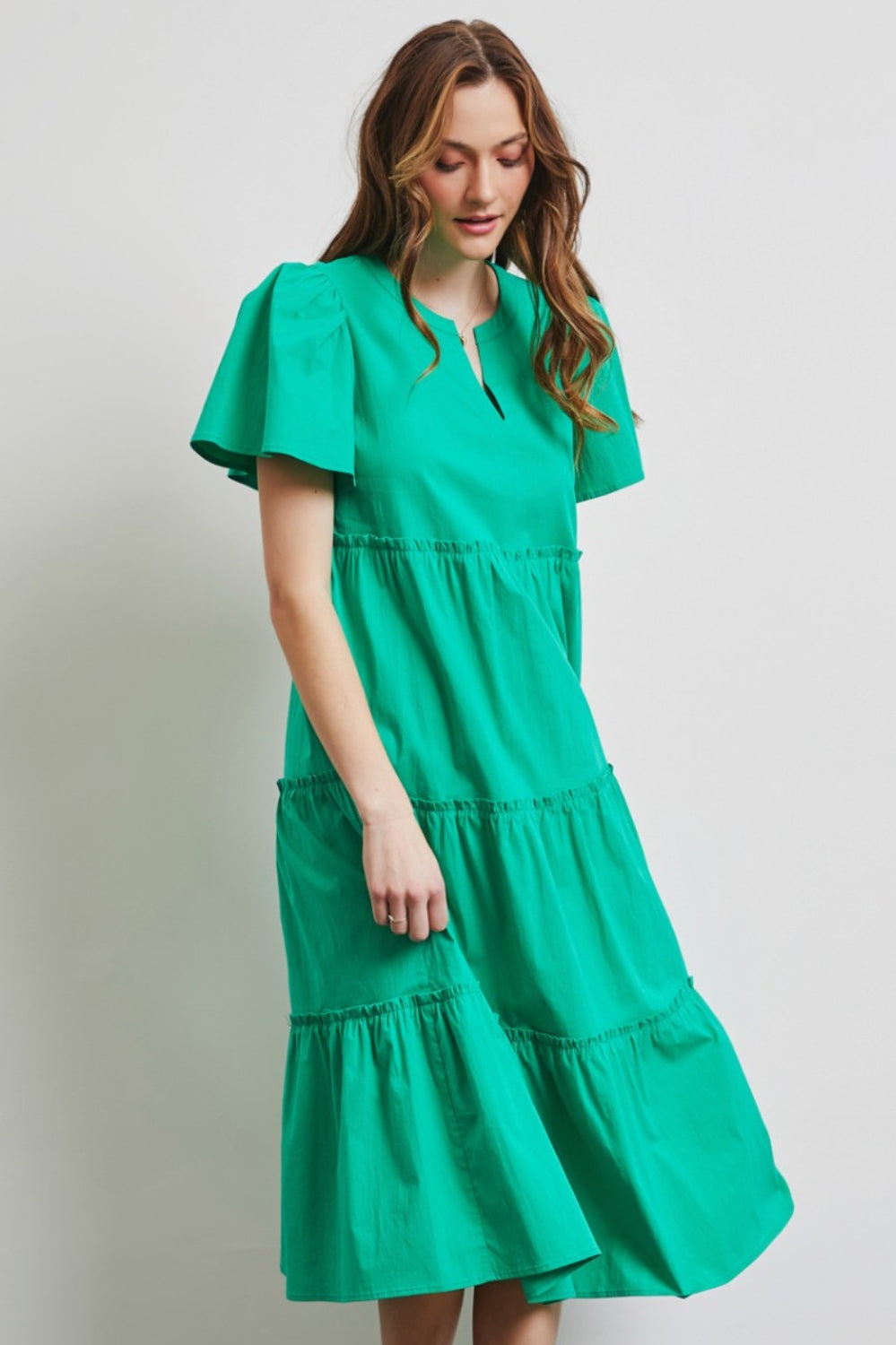 HEYSON Full Size Cotton Poplin Ruffled Tiered Midi Dress Trendsi