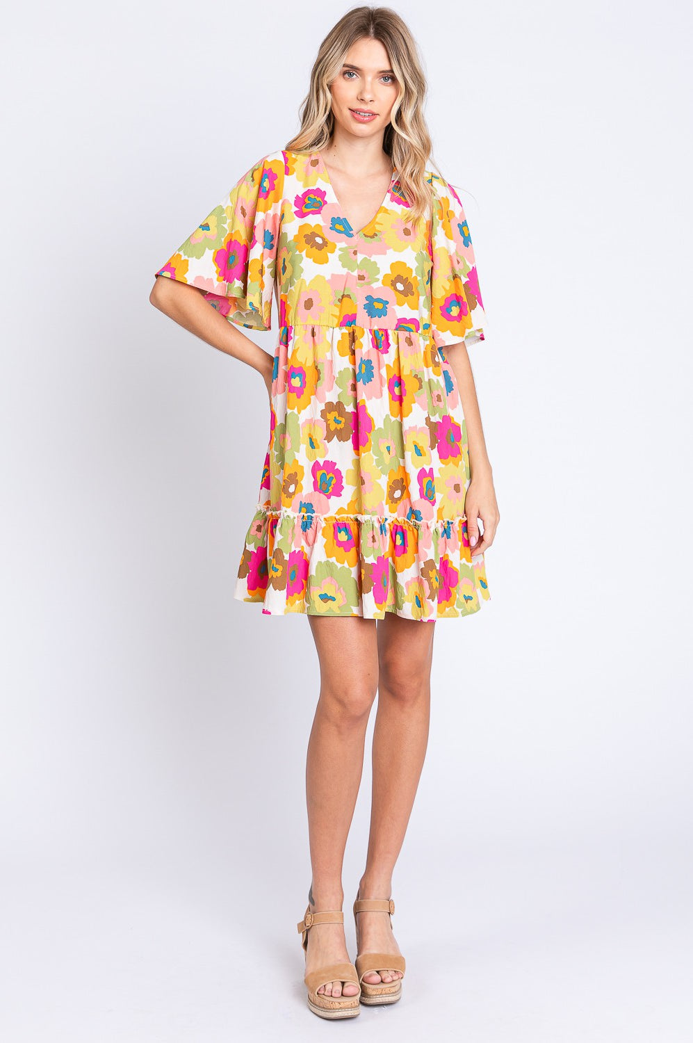 GeeGee Full Size Floral V-Neck Ruffle Trim Mini Dress Trendsi