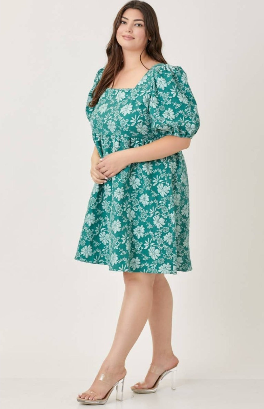 Plus Size Babydoll Puff Sleeve Dress, Green Floral Cute Hues