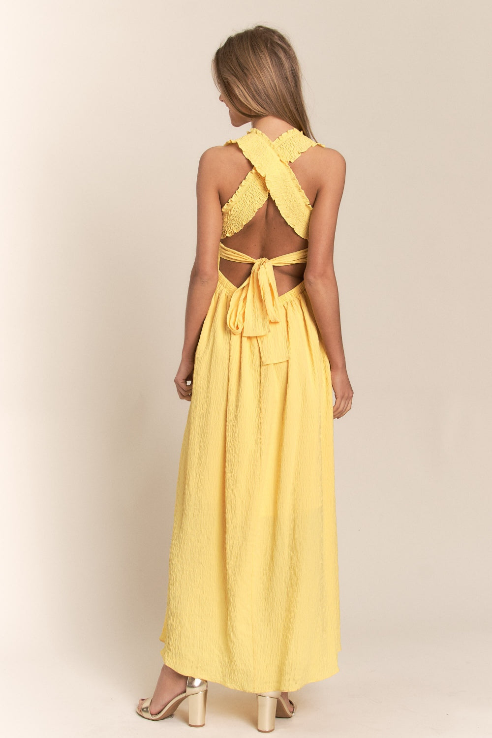 J.NNA Texture Crisscross Back Tie Smocked Maxi Dress Trendsi