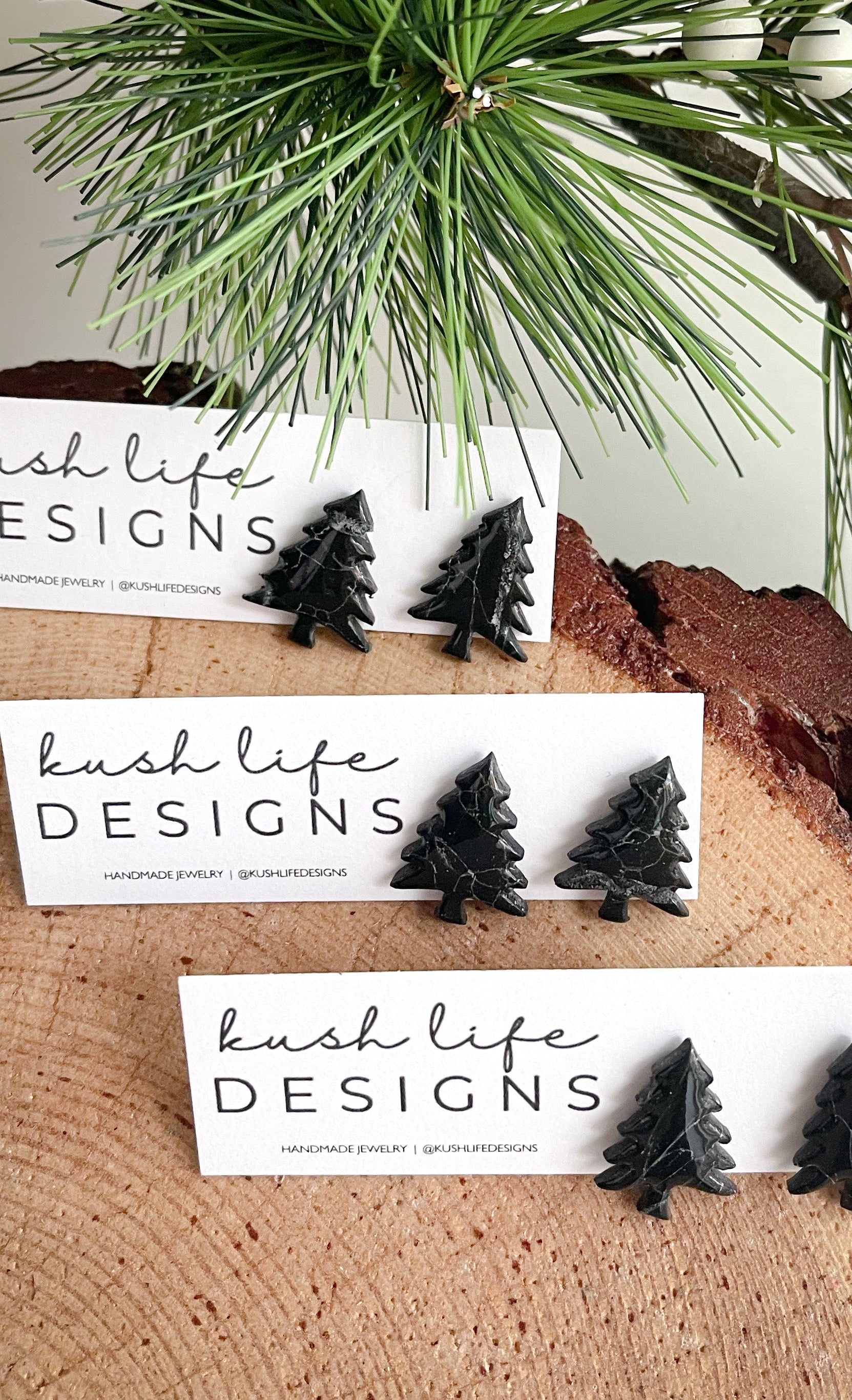 Clay Earrings | Black "Marble" Tree Studs Kush Life Designs