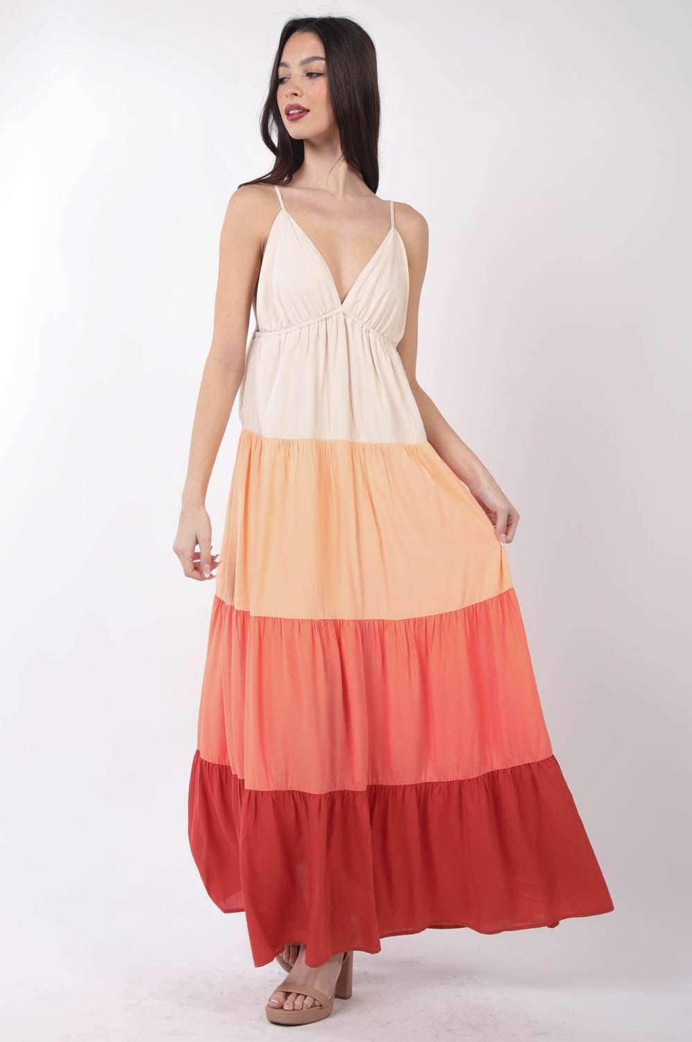 VERY J Color Block Tiered Maxi Cami Dress Trendsi