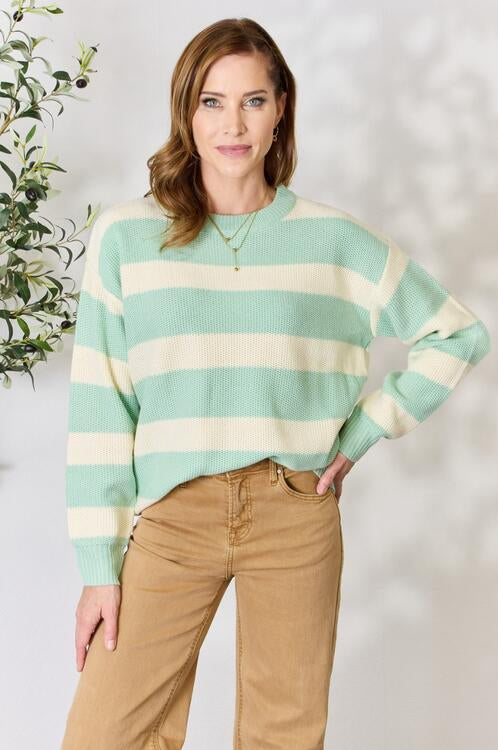 Sew In Love Full Size Contrast Striped Round Neck Sweater Trendsi