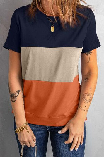 Color Block Round Neck T-Shirt Trendsi