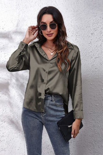 Button Up Collared Neck Long Sleeve Shirt Trendsi
