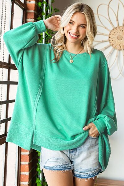 First Love Exposed Seam Round Neck Dropped Shoulder Blouse Trendsi