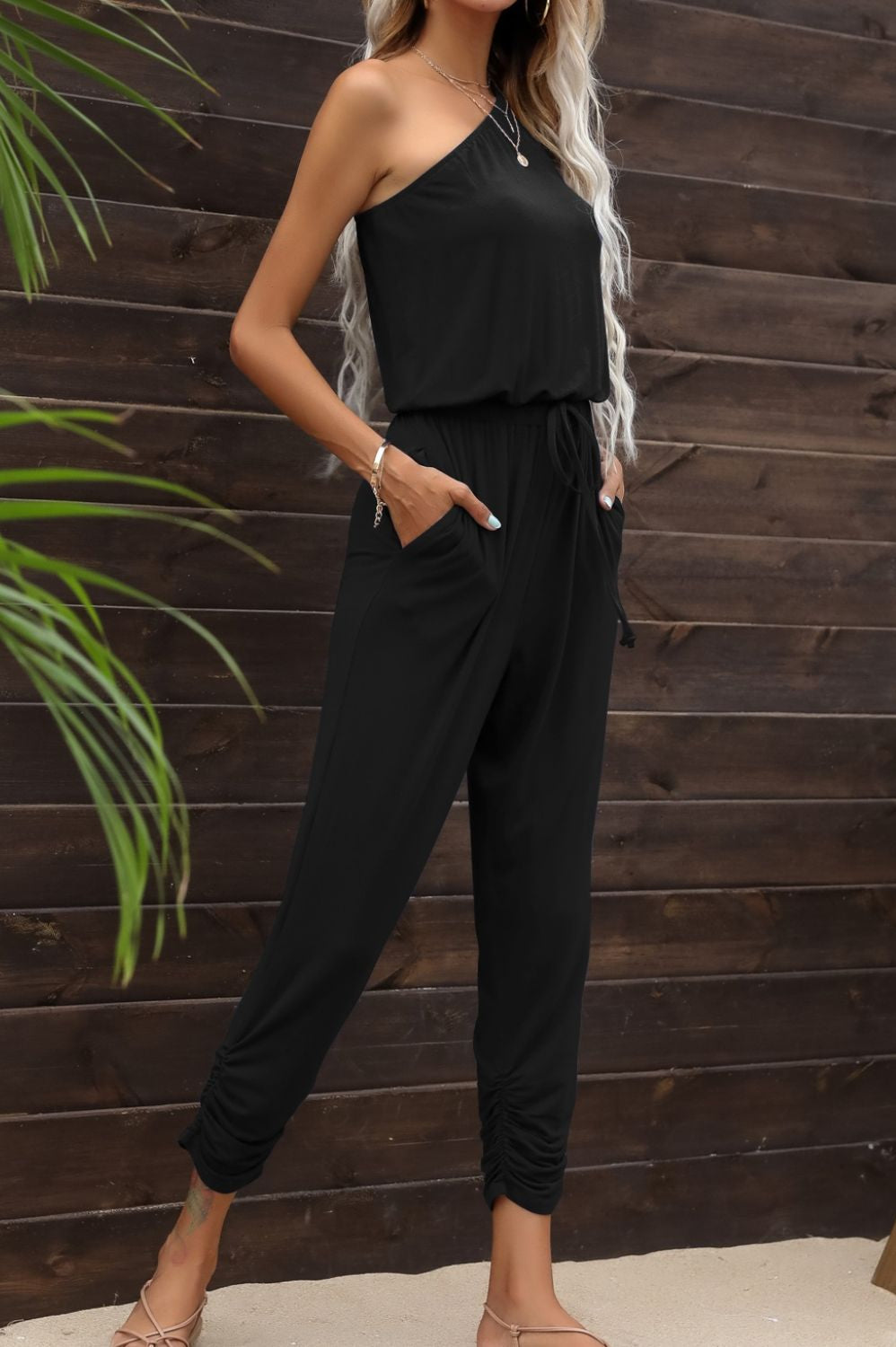 Drawstring Waist One-Shoulder Jumpsuit with Pockets Casual Chic Boutique