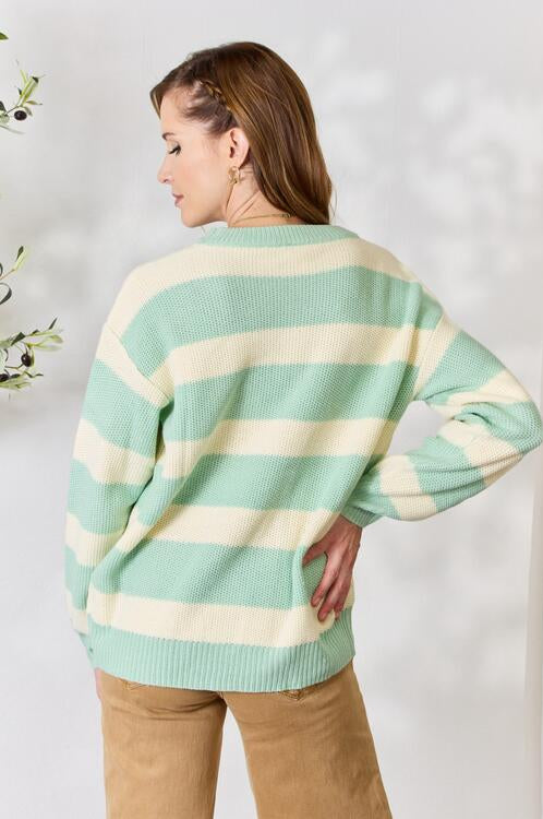 Sew In Love Full Size Contrast Striped Round Neck Sweater Trendsi