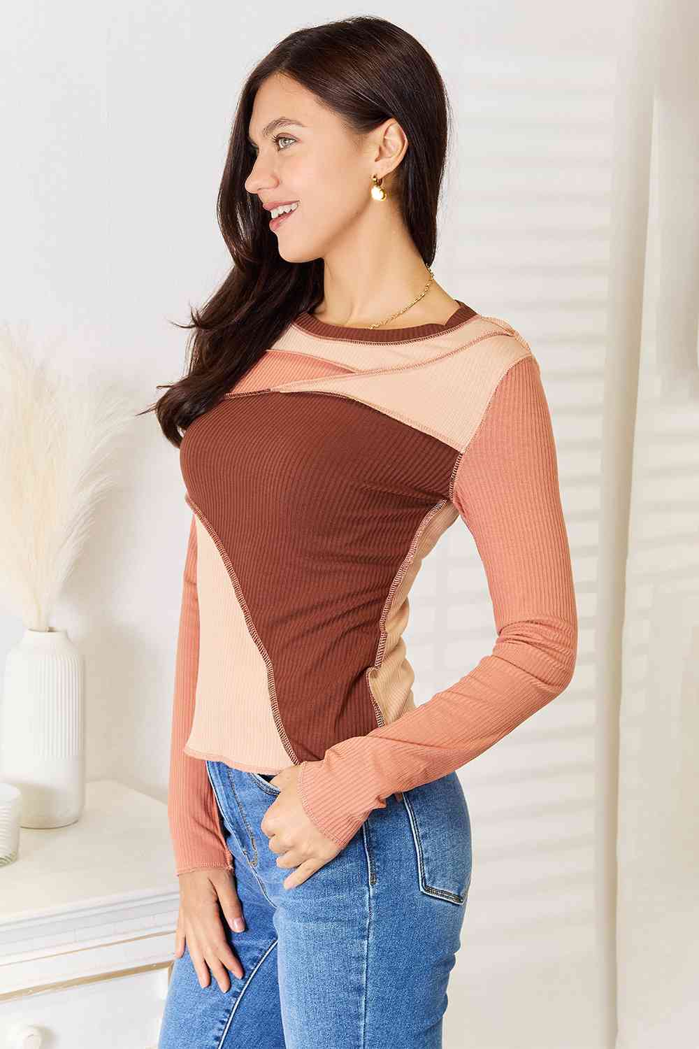 Double Take Color Block Exposed Seam Long Sleeve Top Double Take
