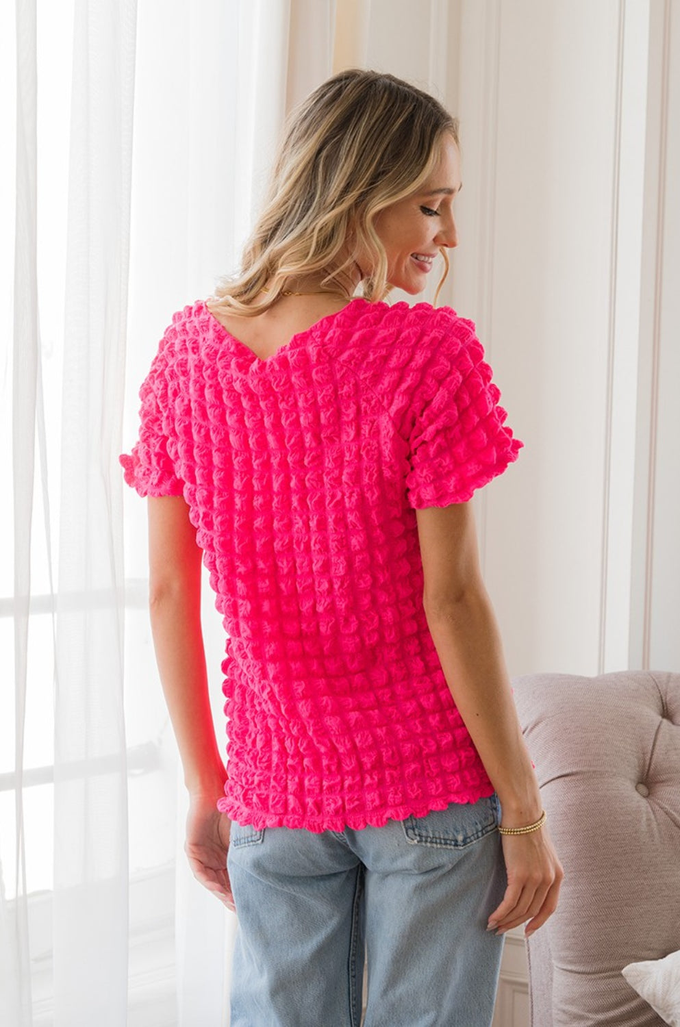 Sew In Love Bubble Textured Round Neck Short Sleeve T-Shirt Trendsi