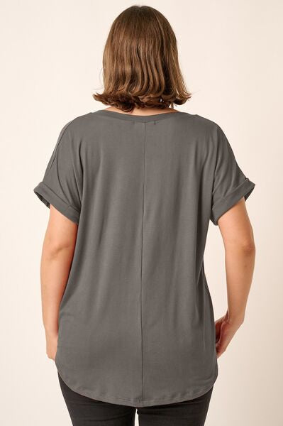 Mittoshop Full Size V-Neck Rolled Short Sleeve T-Shirt Trendsi
