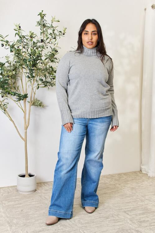 Heimish Full Size Turtleneck Long Sleeve Slit Sweater Trendsi