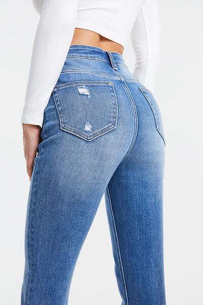BAYEAS Full Size High Waist Distressed Raw Hew Skinny Jeans Trendsi