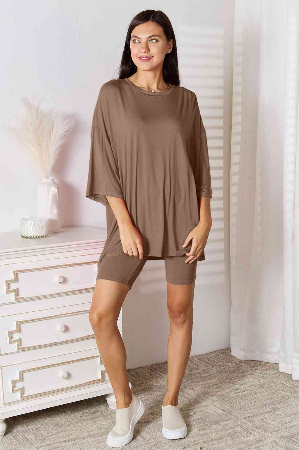 Basic Bae Full Size Soft Rayon Three-Quarter Sleeve Top and Shorts Set Trendsi
