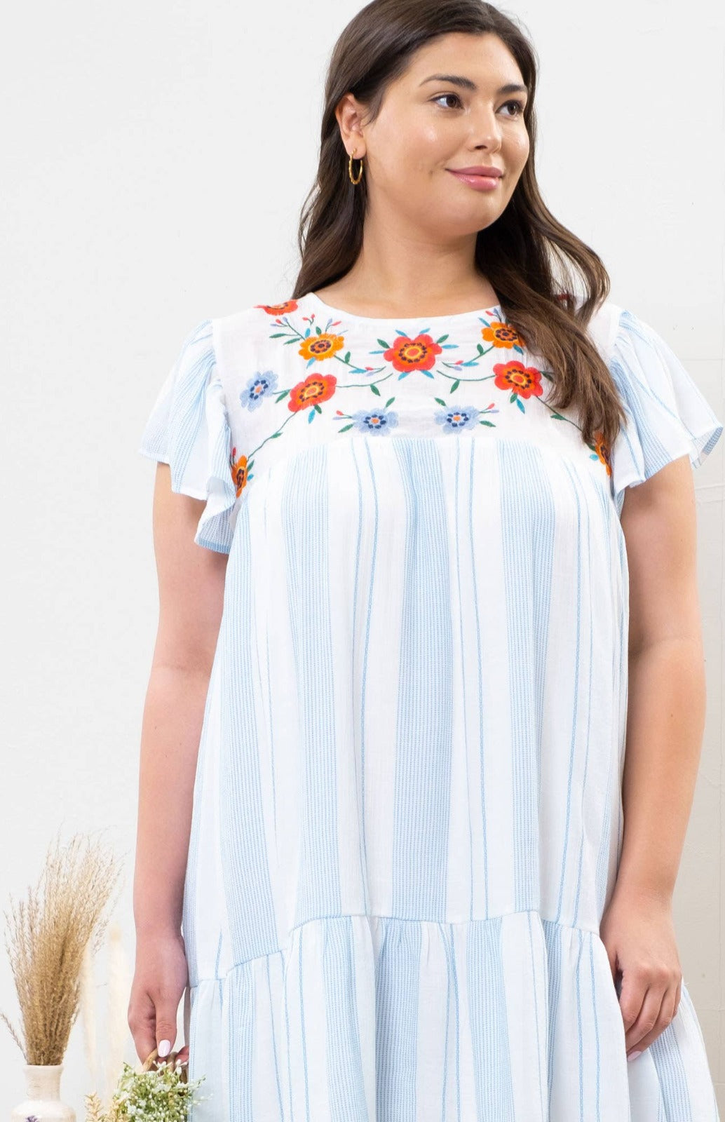 Plus Size Striped Dress with Floral Embroidery in Blue, White and Red Cute Hues