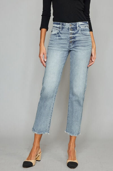 Kancan High Waist Button Fly Raw Hem Cropped Straight Jeans Trendsi