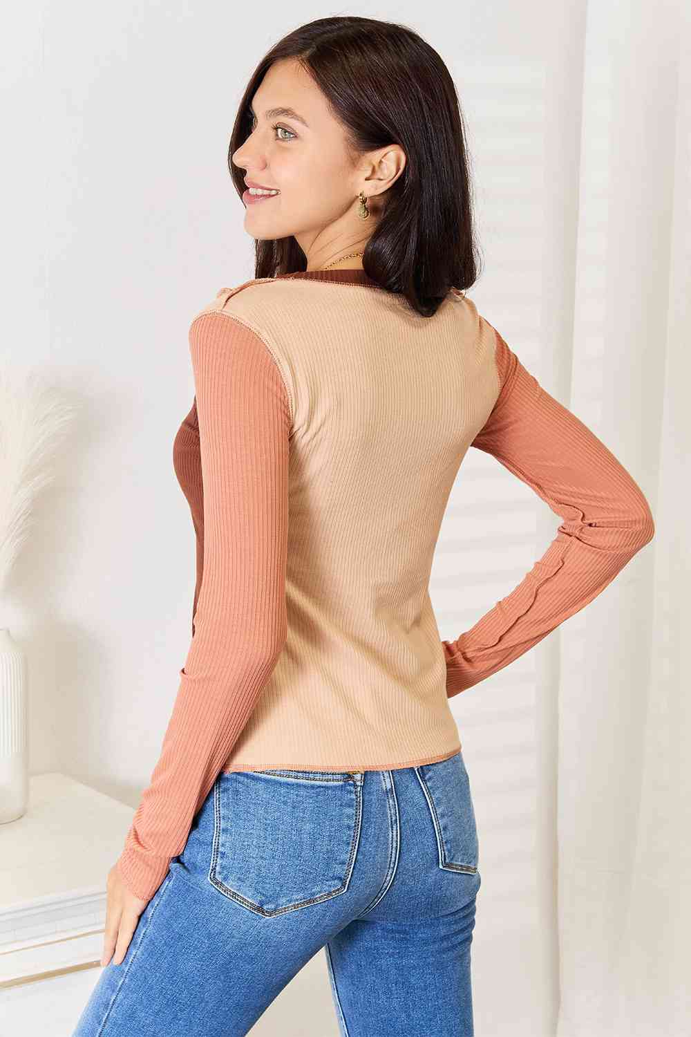 Double Take Color Block Exposed Seam Long Sleeve Top Double Take