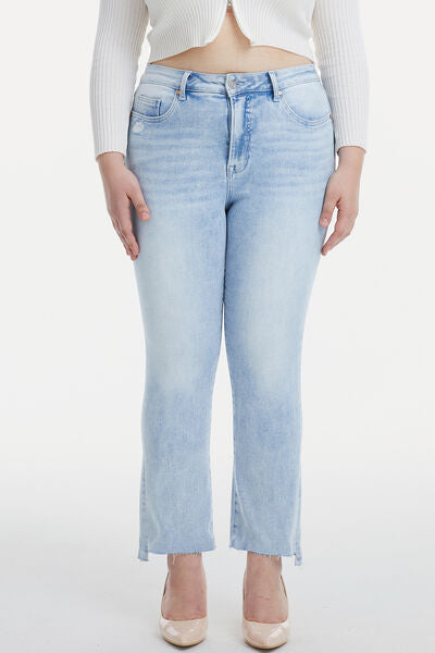 BAYEAS Full Size High Waist Raw Hem Washed Straight Jeans Trendsi