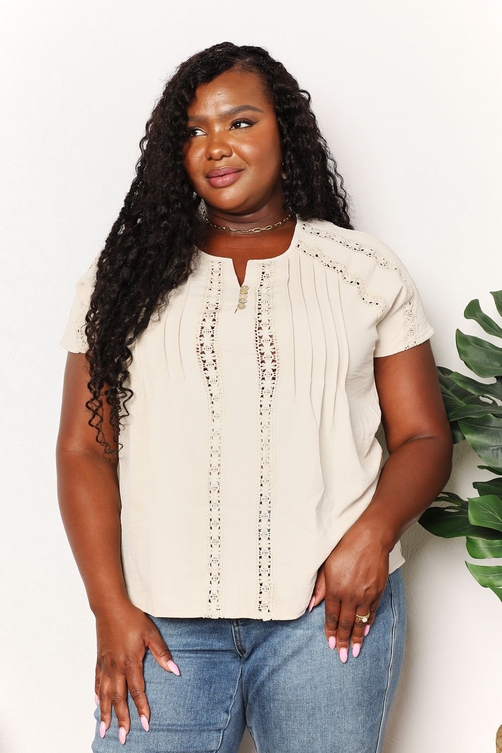 Double Take Crochet Buttoned Short Sleeves Top Trendsi