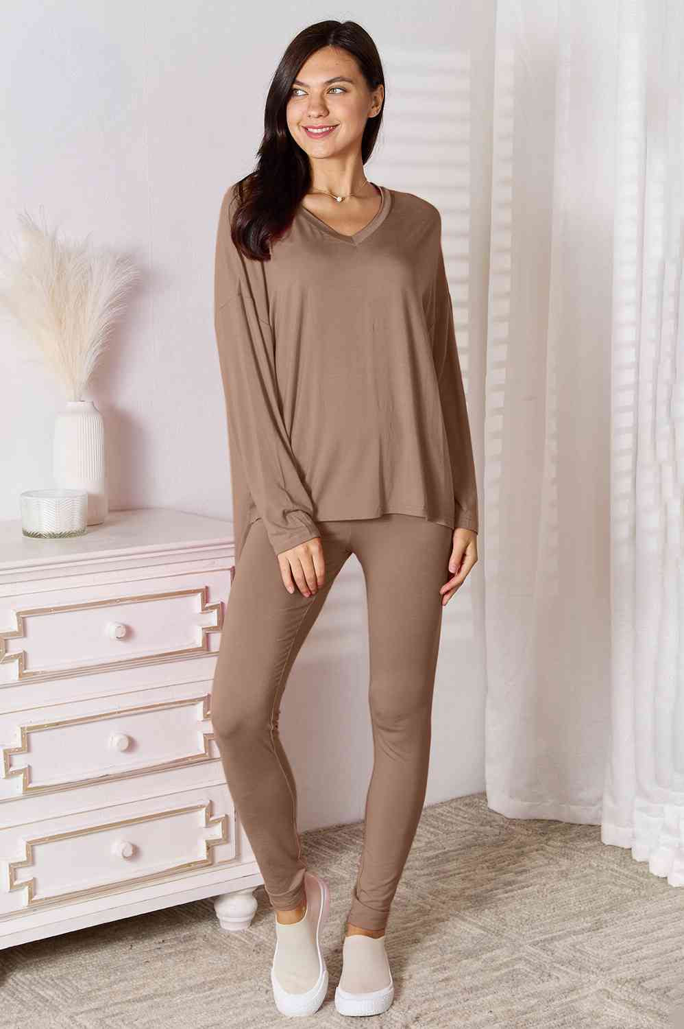 Basic Bae Full Size V-Neck Soft Rayon Long Sleeve Top and Pants Lounge Set Trendsi