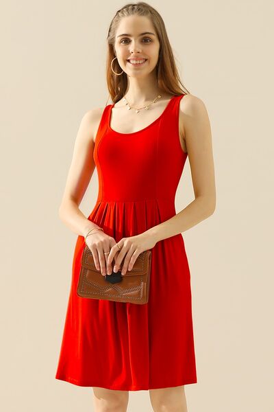 Doublju Full Size Round Neck Ruched Sleeveless Dress with Pockets Trendsi