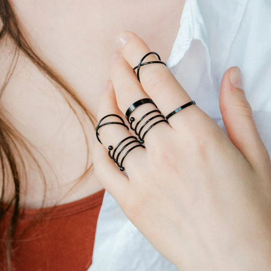 6 Piece Black Spring Punk Band Multi Finger Boho Ring Jewellery The Colourful Aura