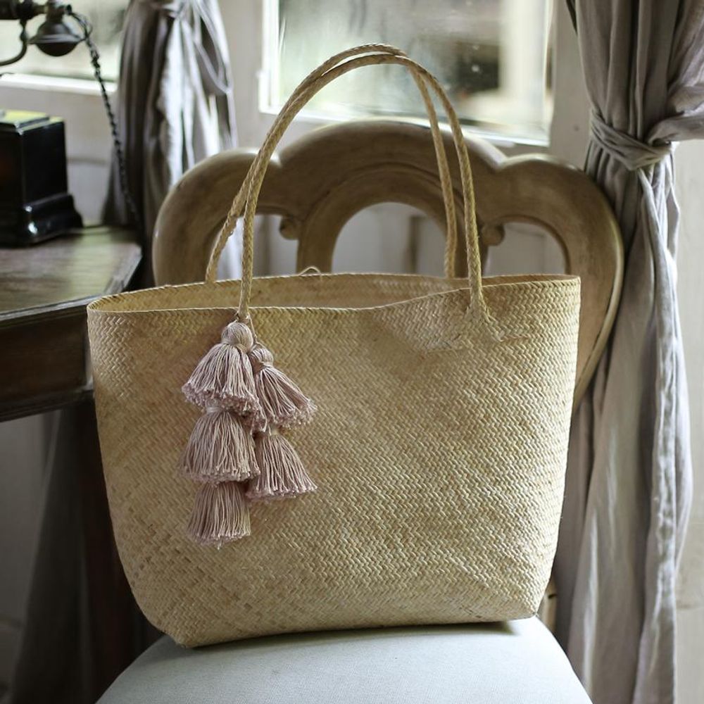 Borneo Sani Straw Tote Bag - with Pale Blush Tassels The Groovalution