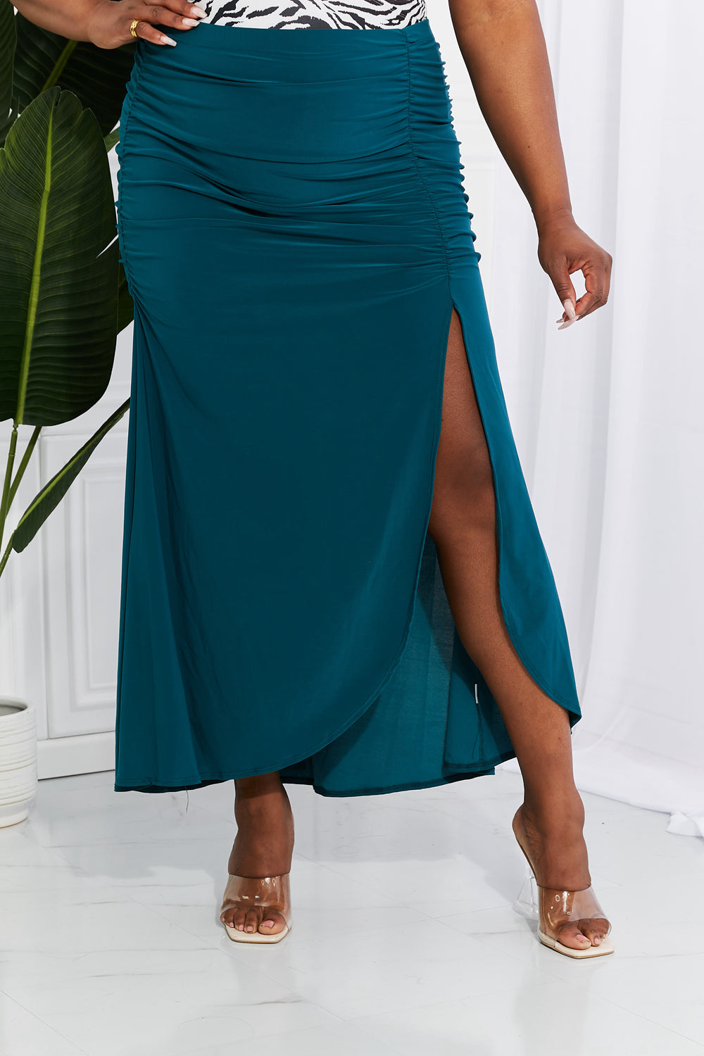 White Birch Up and Up Ruched Slit Maxi Skirt in Teal White Birch