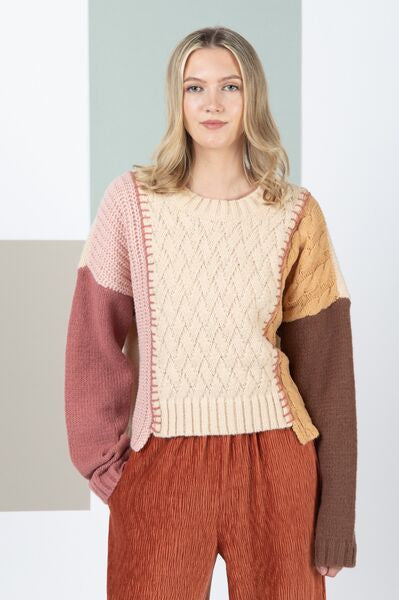 Very J Color Block Cable Knit Long Sleeve Sweater Trendsi