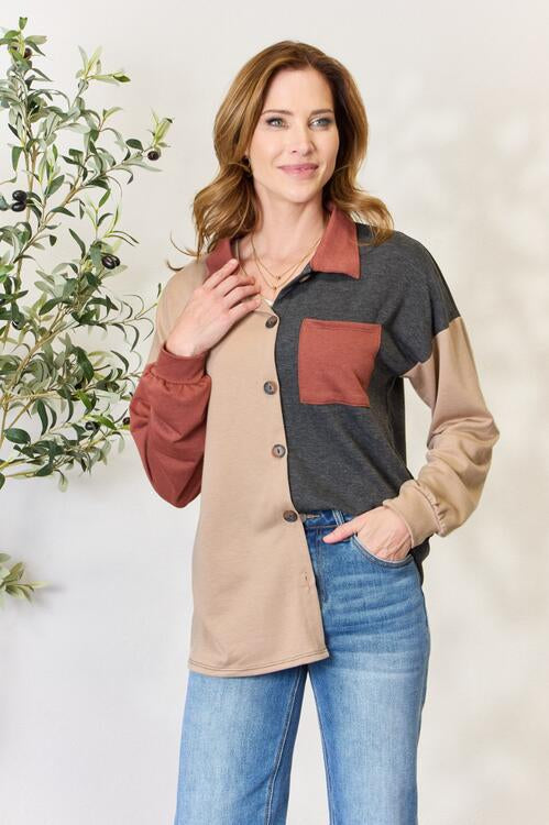 Heimish Full Size Color Block Button Down Shacket Trendsi
