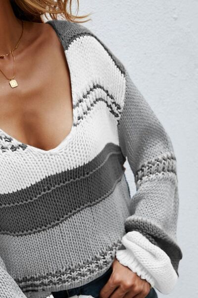 Color Block V-Neck Dropped Shoulder Sweater Trendsi