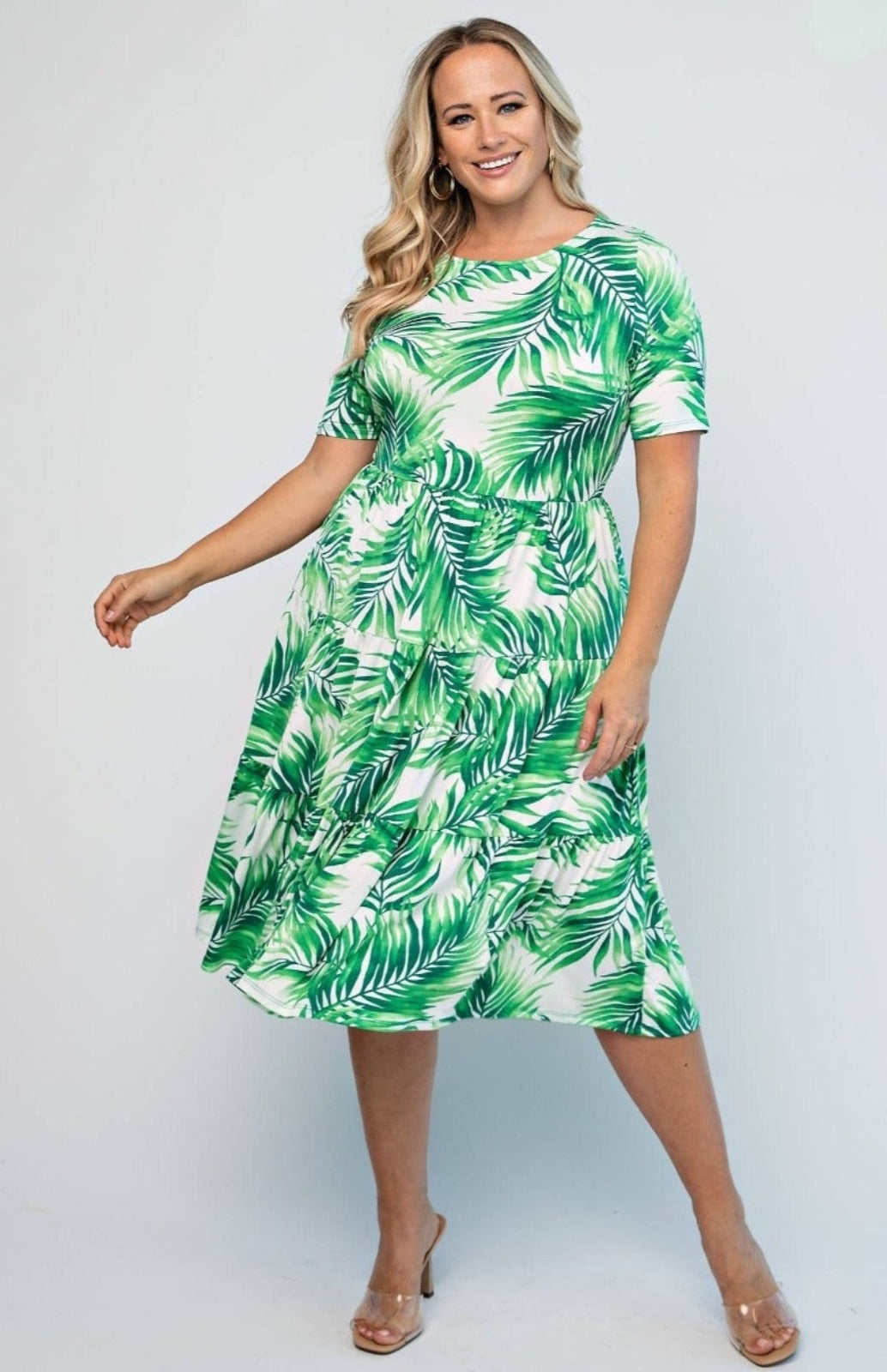 Plus Size Venecia Knit Short Sleeve Tiered Dress, Green and White Palm Print Cute Hues