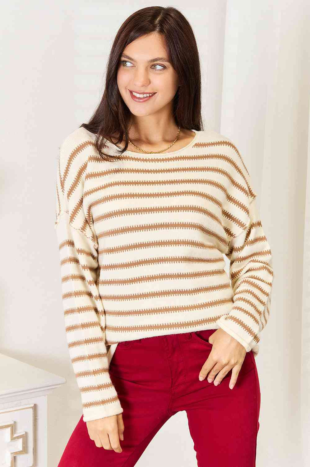 Double Take Striped Boat Neck Sweater Double Take