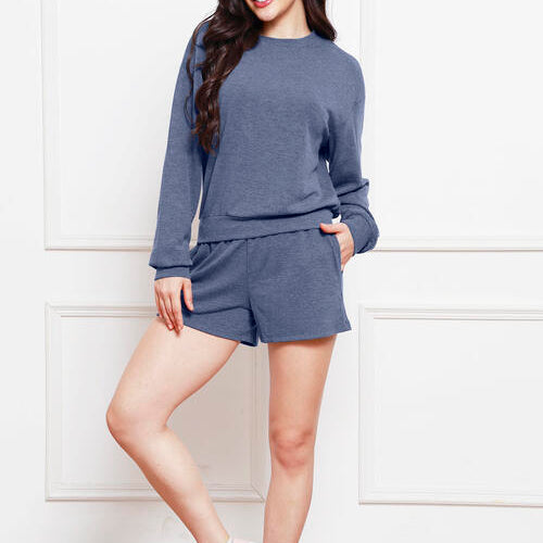 Round Neck Long Sleeve Top and Shorts Set Trendsi
